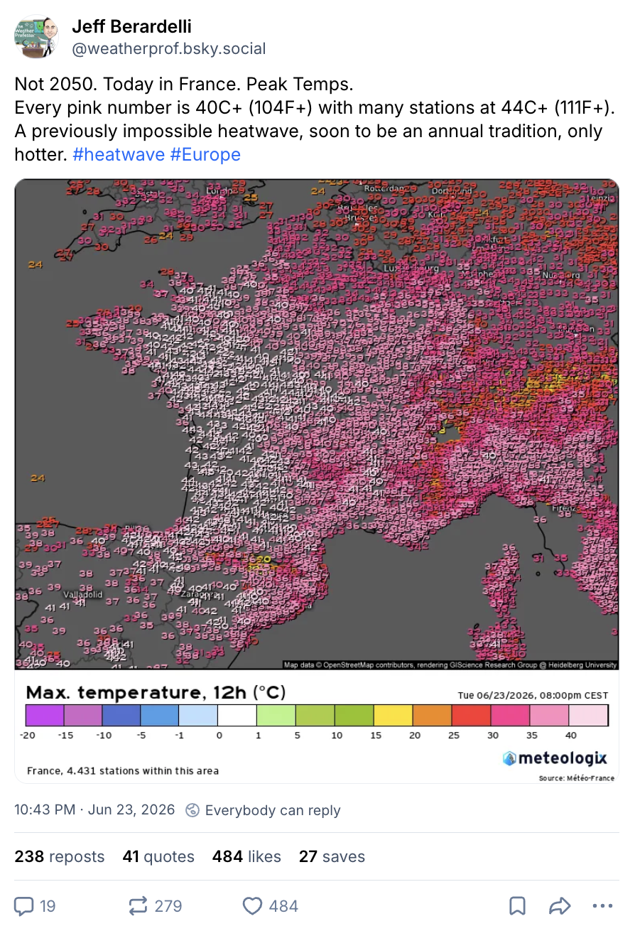 Jeff Berardelli on bluesky (@weatherprof.bsky.social): "Not 2050. Today in France. Peak Temps. Every pink number is 40C+ (104F+) with many stations at 44C+ (111F+). A previously impossible heatwave, soon to be an annual tradition, only hotter. #heatwave #Europe"