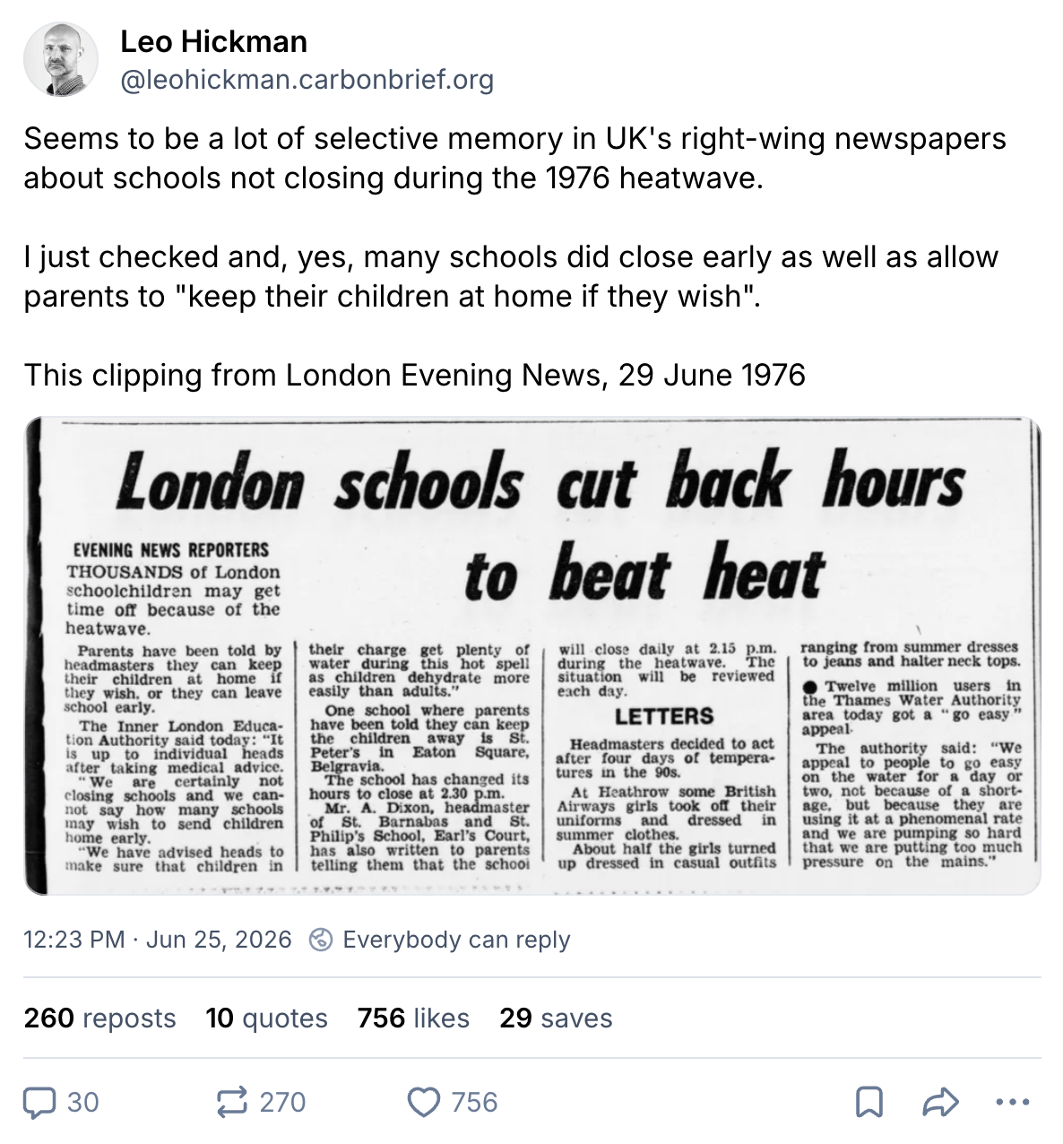 Leo Hickman on bluesky (@leohickman.carbonbrief.org): "Seems to be a lot of selective memory in UK's right-wing newspapers about schools not closing during the 1976 heatwave. I just checked and, yes, many schools did close early as well as allow parents to "keep their children at home if they wish". This clipping from London Evening News, 29 June 1976"