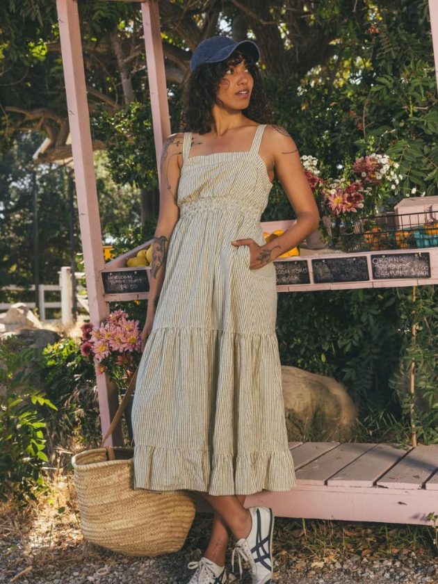 Green striped tiered midi hemp dress
