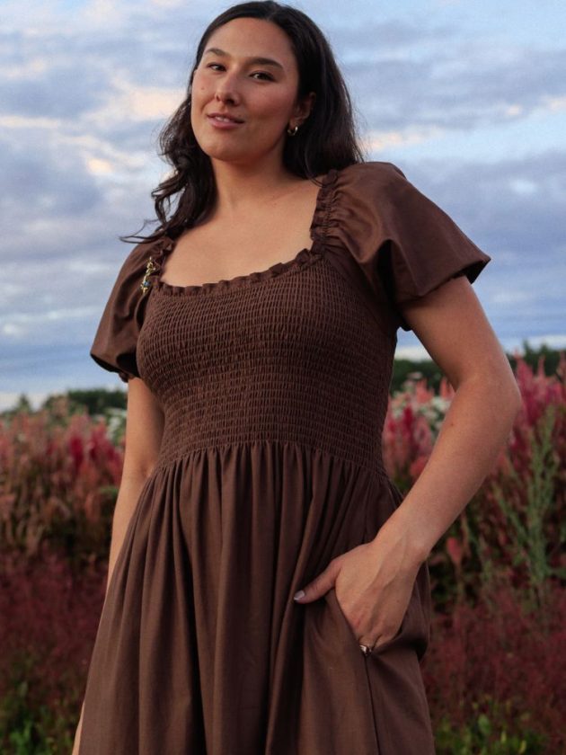 Brown cotton and linen short sleeve midi length dress with smocked top