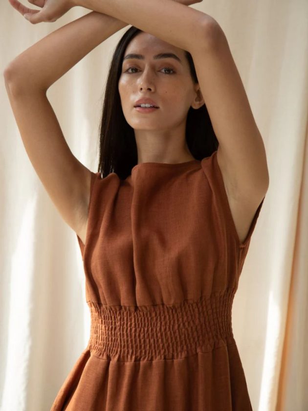 Rust colored 100% linen dress made ethically in Portugal