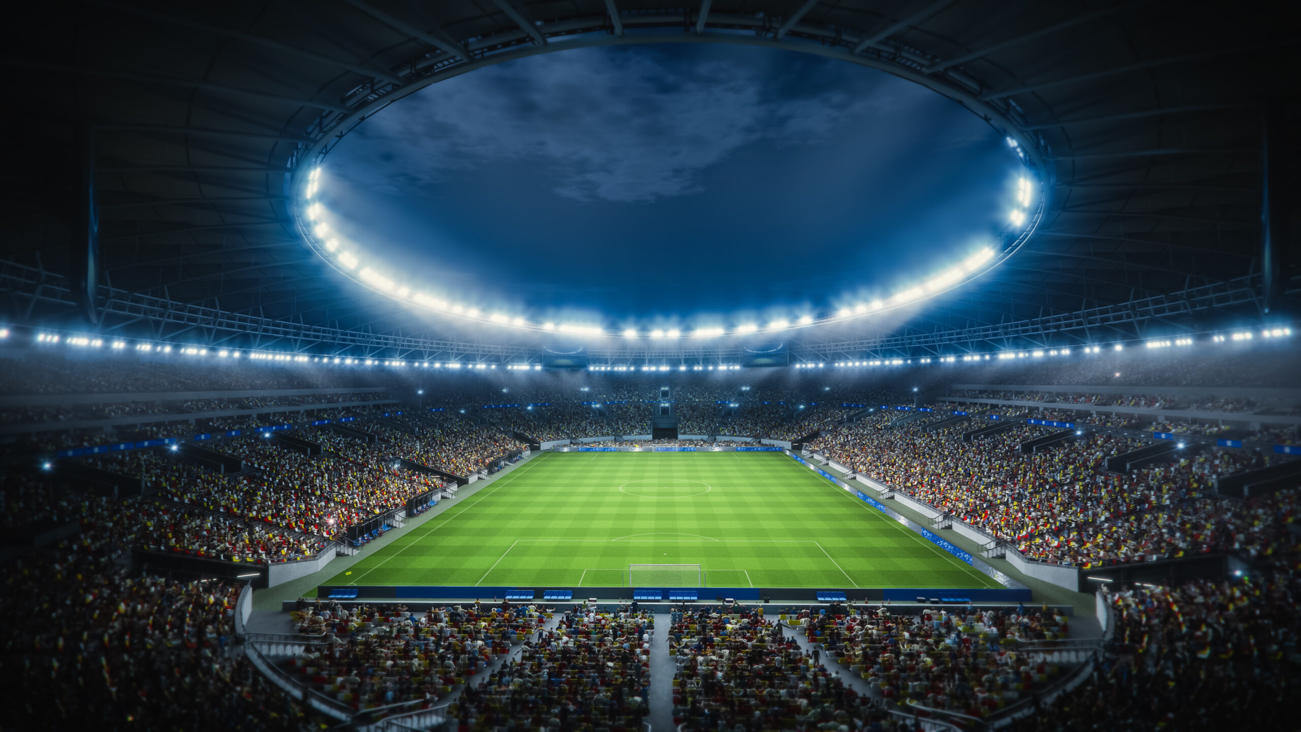 Night Drone Flight Circles Soccer Stadium During Major Event. Football Tournament, Cup Broadcast. Sport Channel Network Television Screen Content