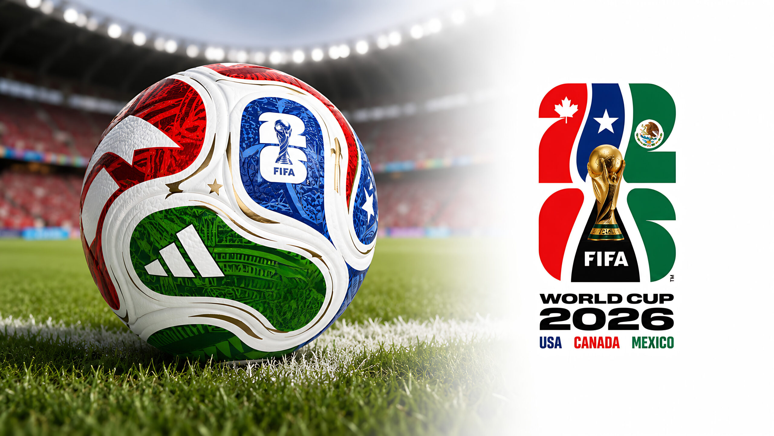 Official FIFA World Cup 2026 Match Ball on Pitch and official logo of soccer tournament in USA, Canada and Mexico