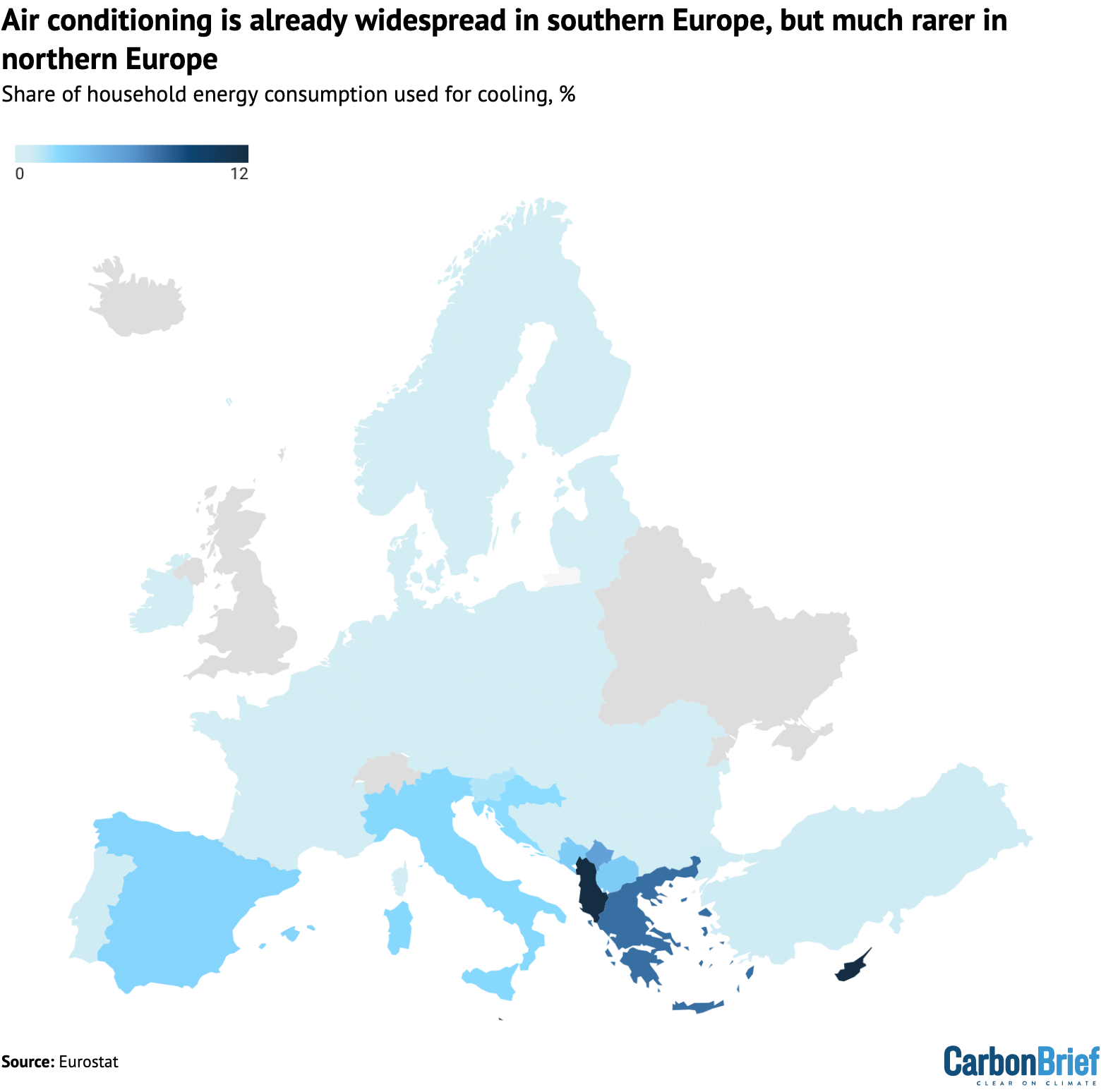 Percentage share of household energy consumption used for “space cooling”, including AC, in EU member states and the Balkans