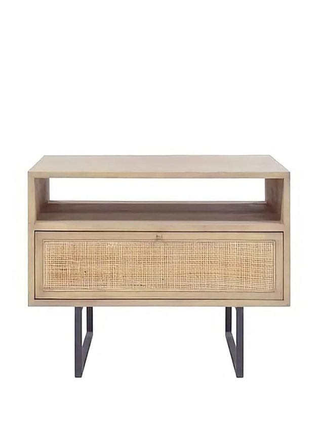 Mid-century inspired mango wood rattan non-toxic nightstand from Healthier Homes