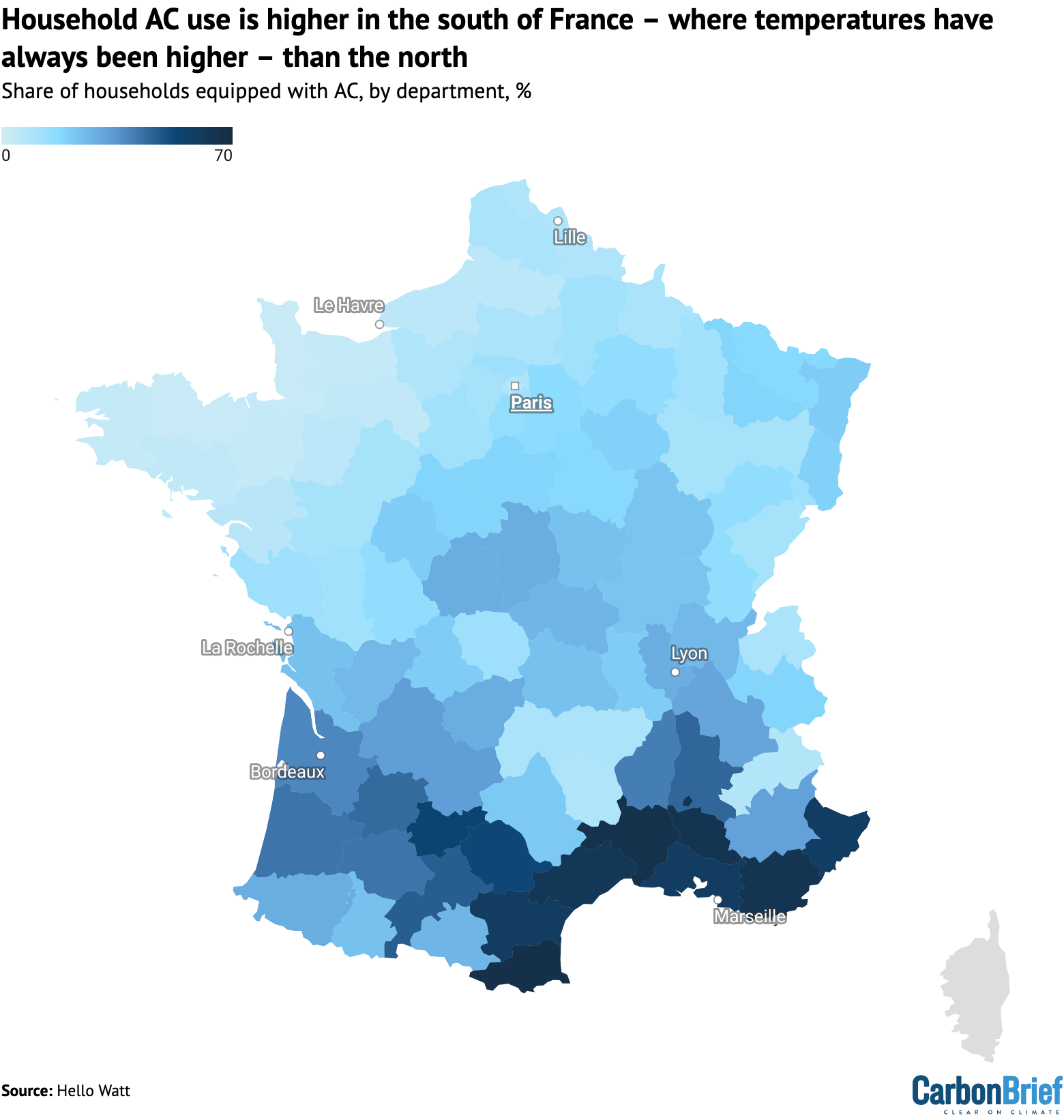 Percentage share of households equipped with AC in departments of mainland France