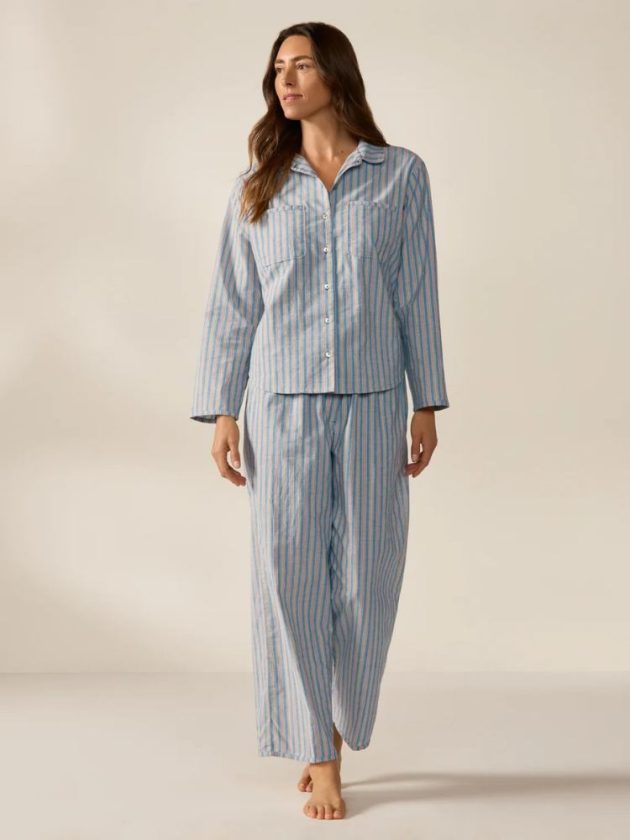 Organic cotton pajama set in blue stripes from Coyuchi