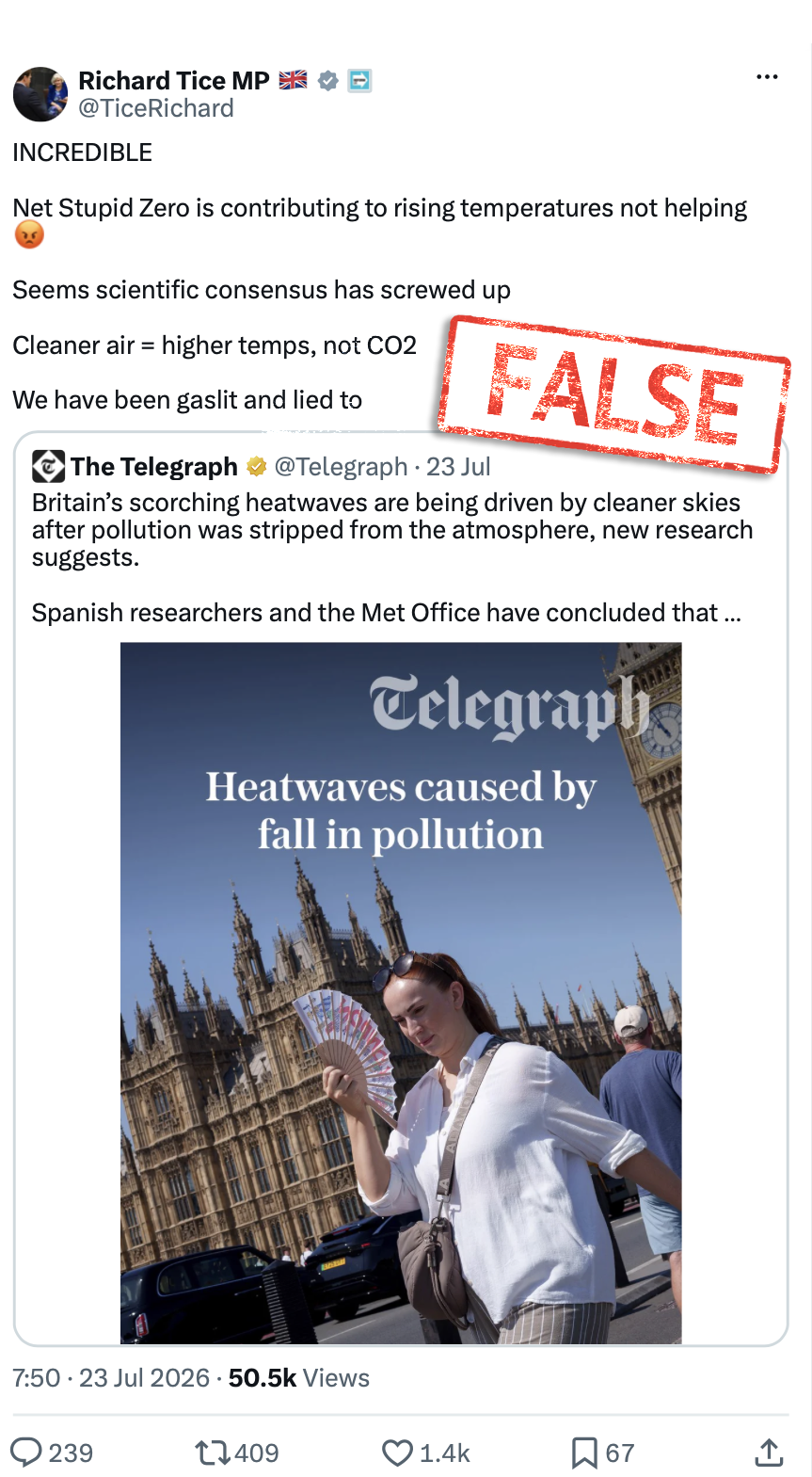 Richard Tice on X on 23 July 2026