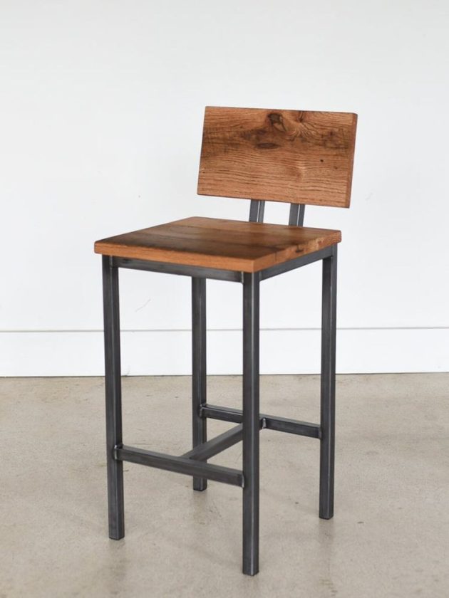 Reclaimed oak wood bar stool with back