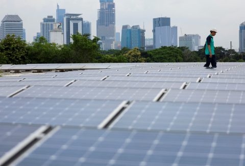 A technician in a green shirt walks among rows of solar panels with the skyline of Jakarta, Indonesia, in the background