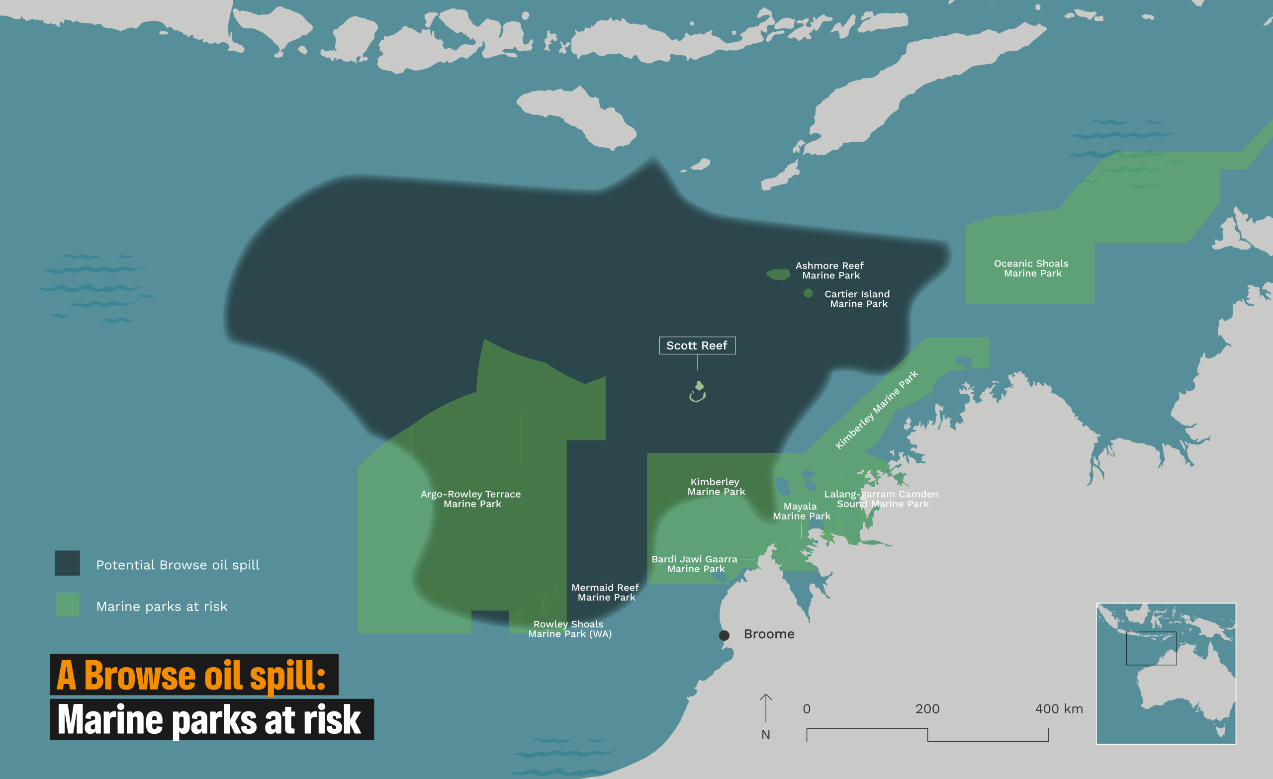 Map-Marine Parks-text The potential Browse oil spill reach and the marine parks at risk © Greenpeace