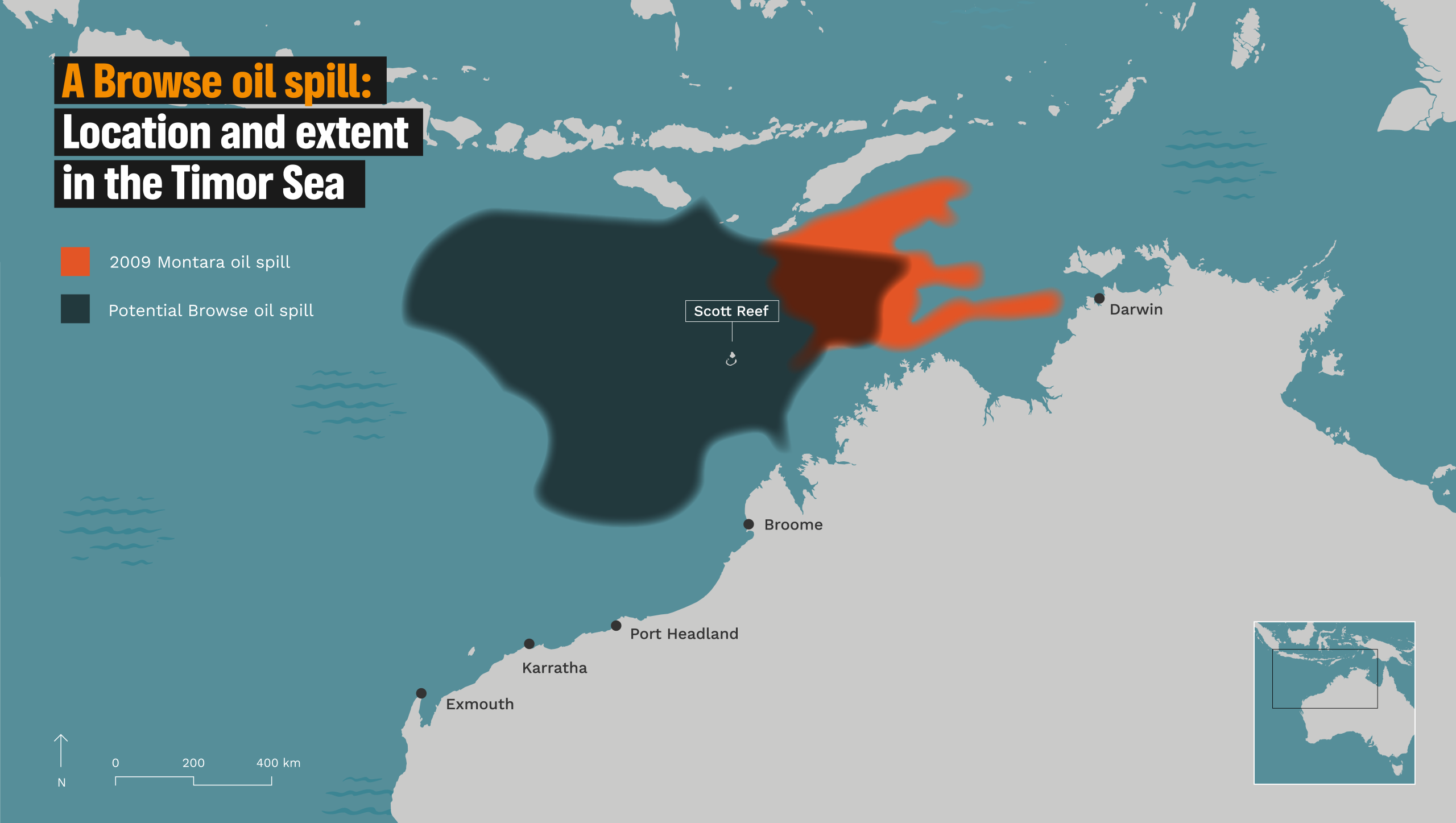 Browse and Montara: Location and extent in the Timor Sea: GPAP illustration based on maps from ‘The Montara Oil Spill: A 2009 Well Blowout in the Timor Sea’ and a Browse loss of well containment.