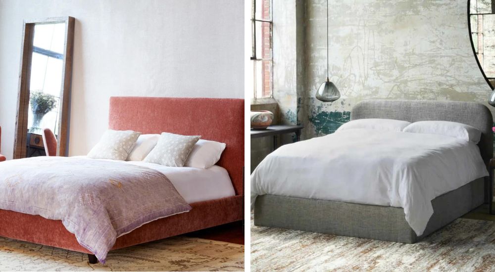 eco-friendly bed made with red upholstered fabric and sustainable bed with gray upholstered fabric
