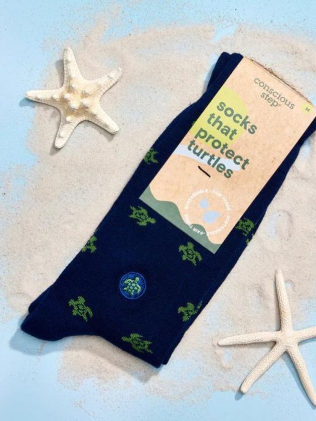 Blue Fairtrade organic cotton socks that protect turtles from Conscious Step