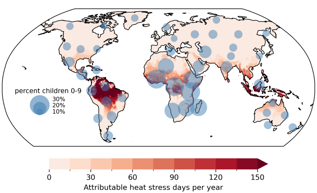 Map of the world showing the number of extra heat days faced by the global population at present-day warming levels as a result of human-caused climate change. Source: Pietroiusti et al (2026).