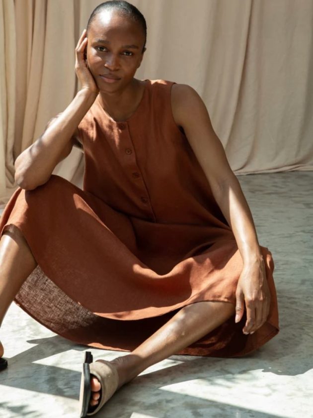Dark orange linen vest and linen skirt from Beaumont Organic