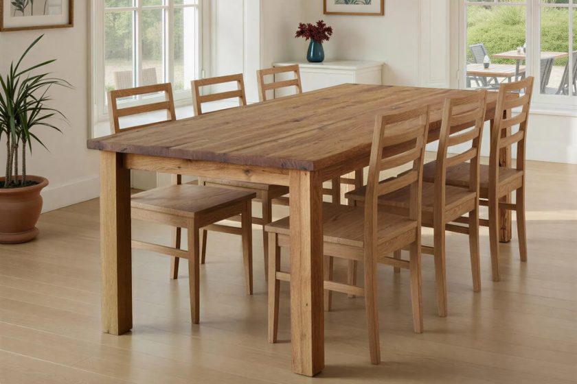 Reclaimed oak solid wood table with 6 chairs, made in the USA