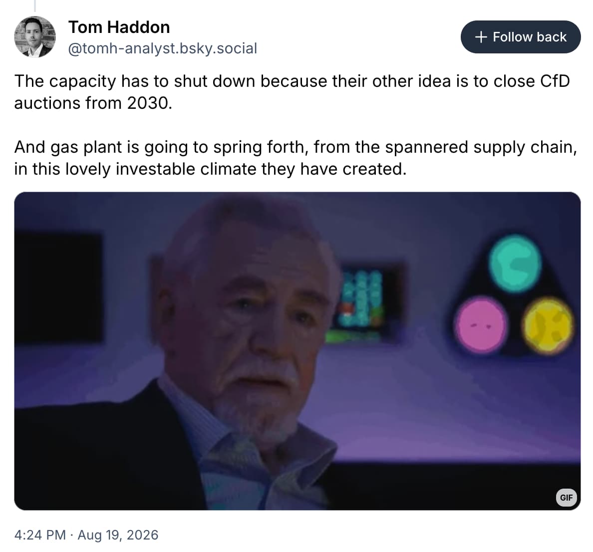 Tom Haddon on Bluesky: The capacity has to shut down because their other idea is to close CfD auctions from 2030.