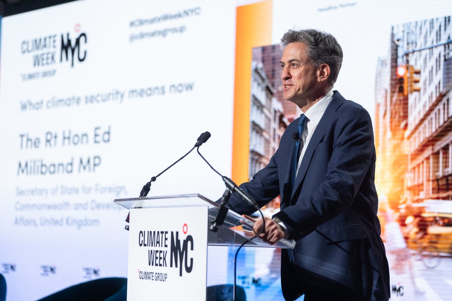 UK foreign secretary Ed Miliband speaking at New York Climate Week.