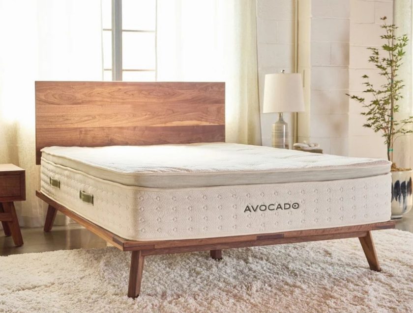 Avocado sustainable organic mattress on walnut wood bed
