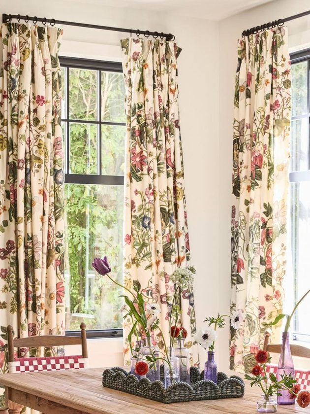 Floral printed natural fiber curtains