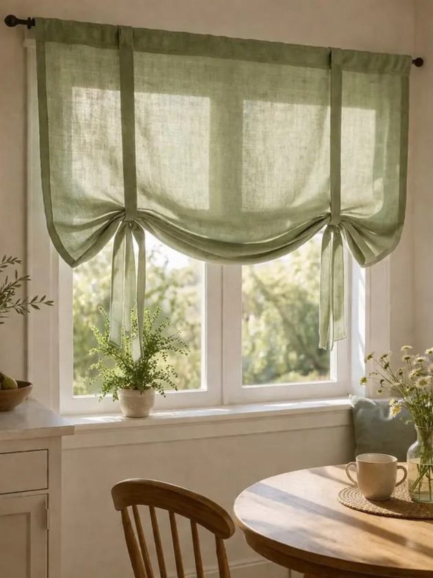 Sage green linen tie up curtains