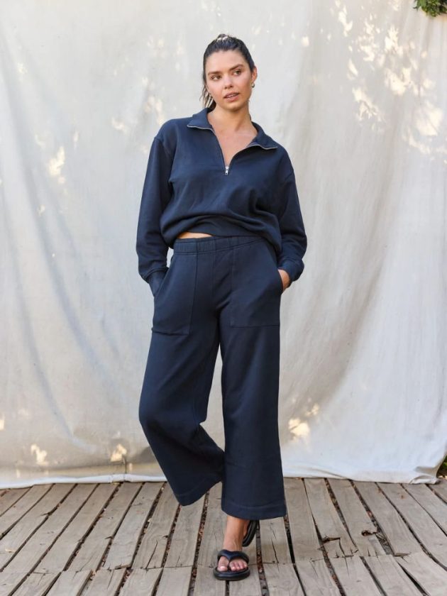 Model wearing navy organic cotton loungewear