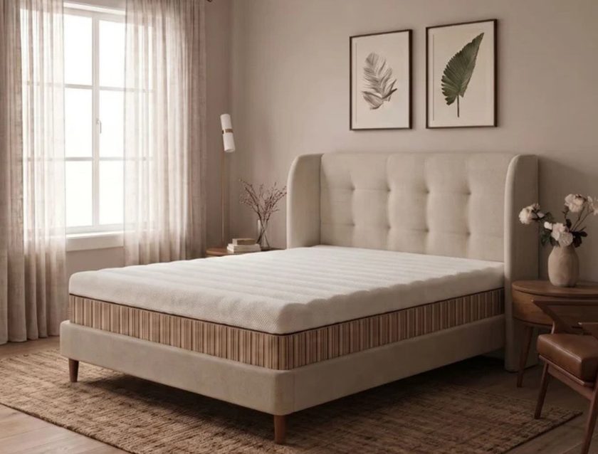 Organic latex mattress on upholstered bed