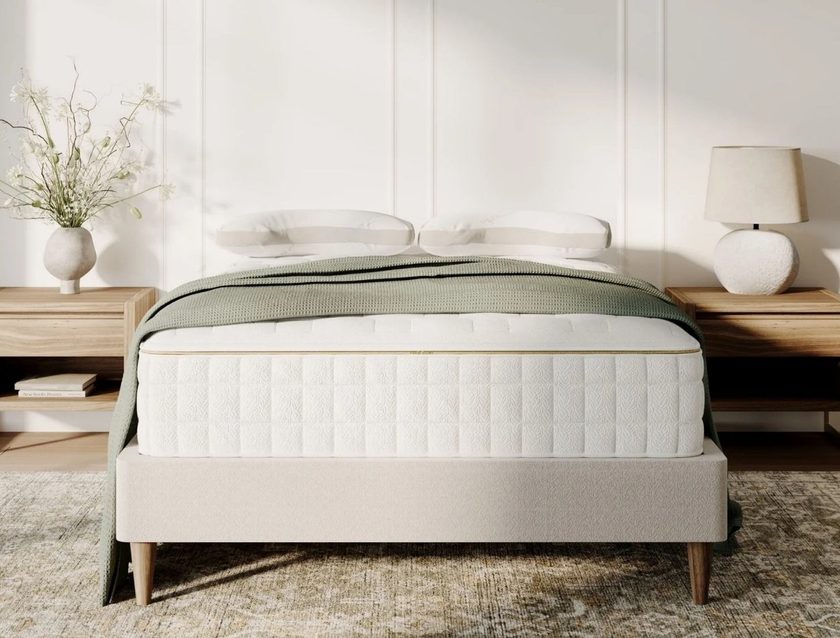 Plush non-toxic organic mattress on bed in bedroom