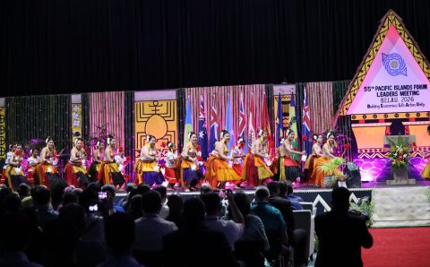 Traditional dancers on stage at the official opening of the 55th Pacific Islands Forum in Palau.