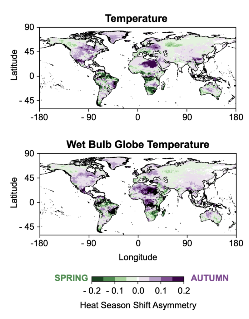Two maps of the world showing the shift in heat anomalies.