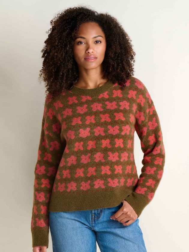 Pink and brown floral printed sustainable sweater from Toad & Co