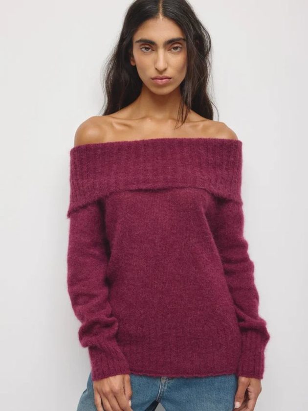 Off the shoulder natural fiber sustainable sweater in Tawny Port