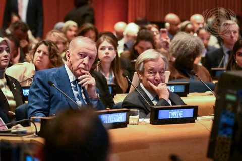 Recep Tayyip Erdoğan (left), President of the Republic of Türkiye, and Secretary-General António Guterres (right) attend the High-level Meeting on Climate Action and the Just Transition at the United Nations in New York