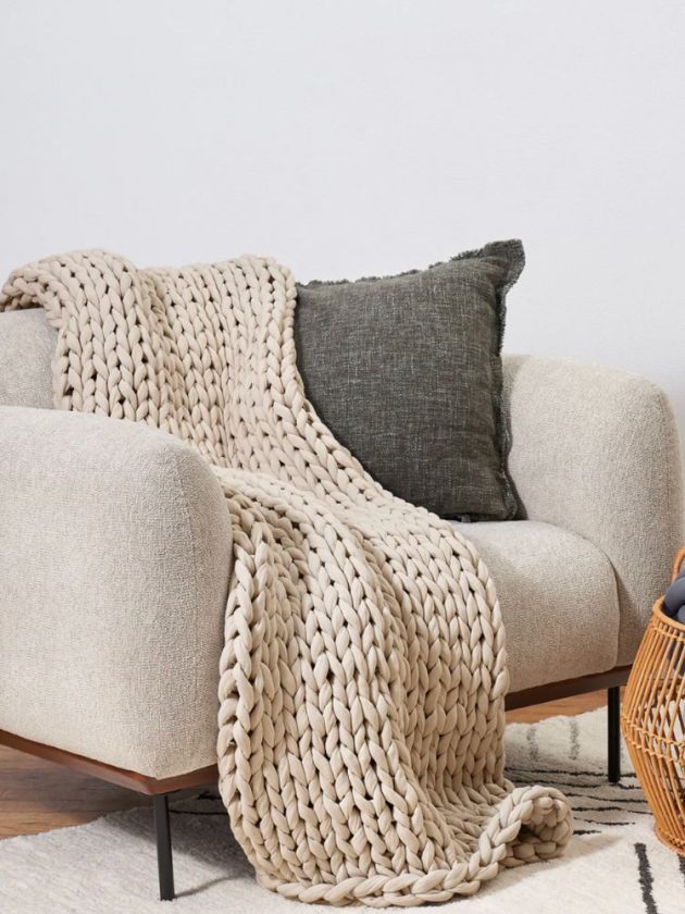 Beige cotton knitted weighted blanket by bearaby