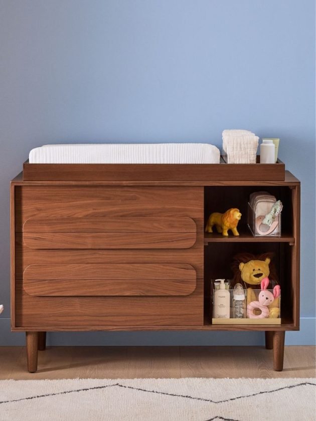 Dark walnut mid-century modern non-toxic dresser for gender neutral nursery
