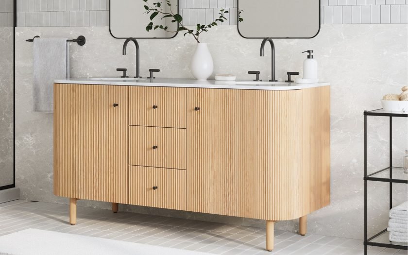 Light wood sustainably sourced bathroom vanity