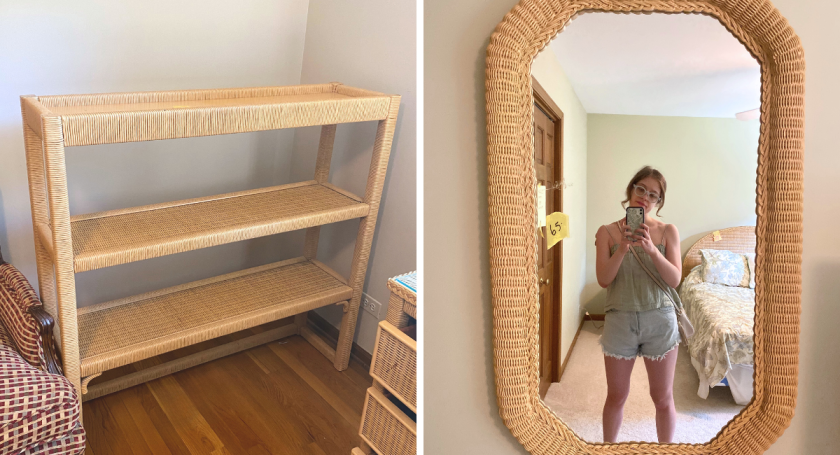 wicker tiered shelf and wicker mirror