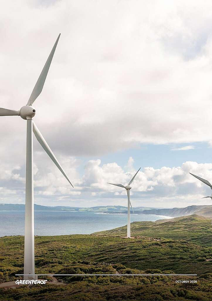 Picture of wind turbines next to a coast.