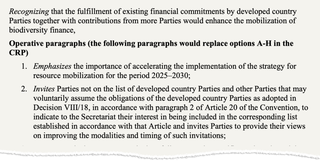 A key paragraphs from a minister’s non-paper on nature finance published on 29 October. The text says: "Operative paragraphs (the following paragraphs would replace options A-H in the CRP) 1. Emphasizes the importance of accelerating the implementation of the strategy for resource mobilization for the period 2025–2030; 2. Invites Parties not on the list of developed country Parties and other Parties