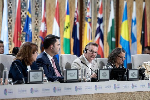 Australia's climate change and energy minister Chris Bowen speaks at the cloing plenary of the Pre-COP Ministerial on October 7, 2026 in Fiji.