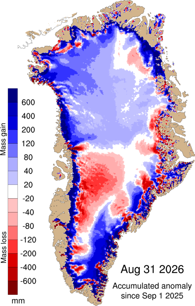 Map showing the difference between the annual SMB in 2025-26 and the 1981-2010 period in mm of ice melt.