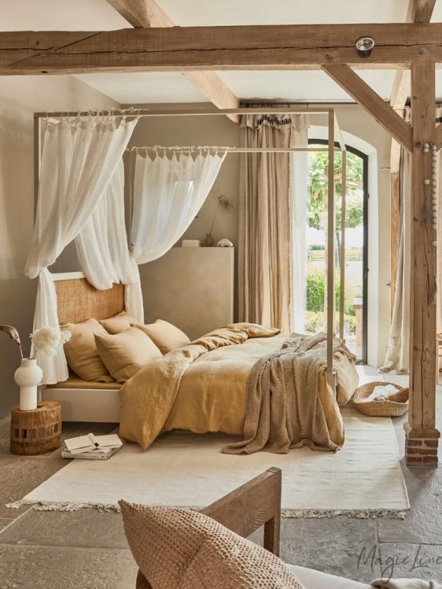 Warm hued yellow and beige linen bedroom home decor