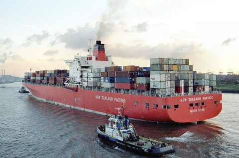 Container ship from New Zealand arriving at Rotterdam.